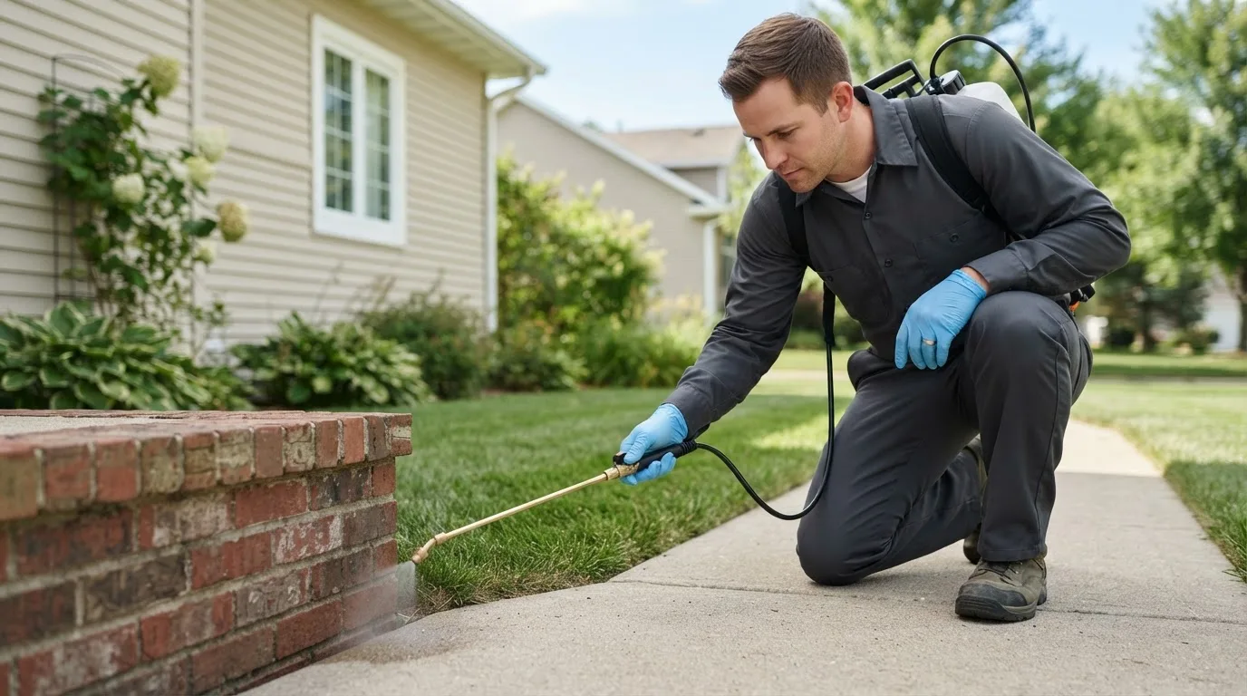 Pest control technician treating a home near Spring Grove, MN